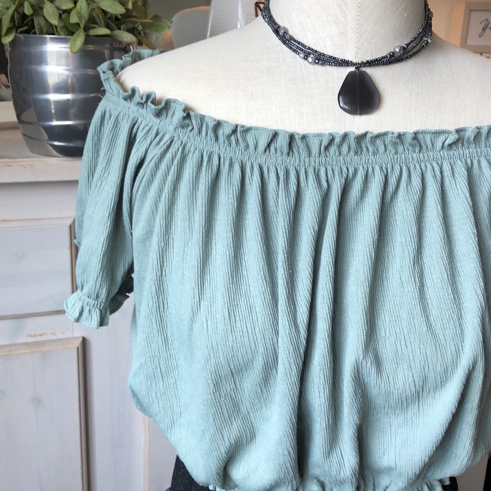 Ruffled gauze mint green off shoulder top